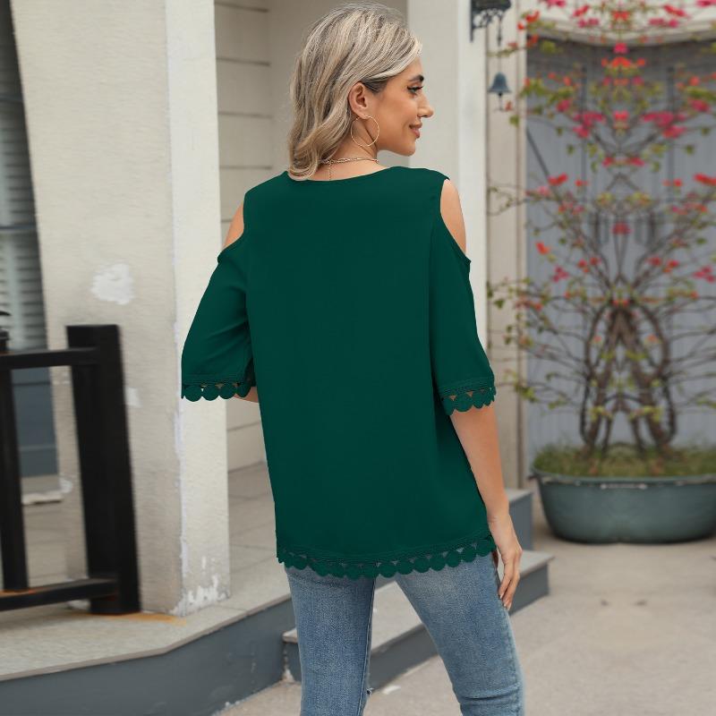 Women's Spring and Summer New Round Neck Lace Chiffon Shirt Loose Strapless Middle Sleeve Tops