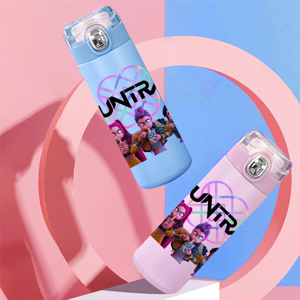 Anime K-Pop Demon Hunters Printed 400Ml Water Bottle Thermos Cup Portable Stainless Steel Leak Proof Camping Water Cup Kid Gift