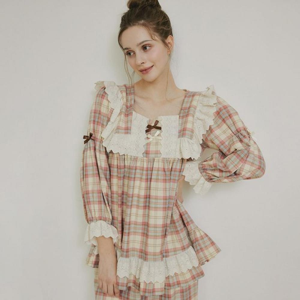 Lunaluz Women S Cotton Long Sleeve Frill Two Piece pajamaS Nova Check Pink/free
