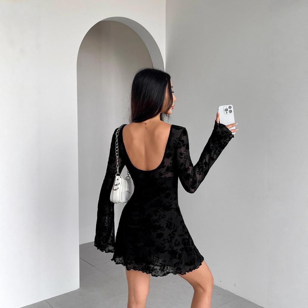 European And American Spring Dresses, New Flocked Long-Sleeved Floral Hollow Bow Women'S Clothing