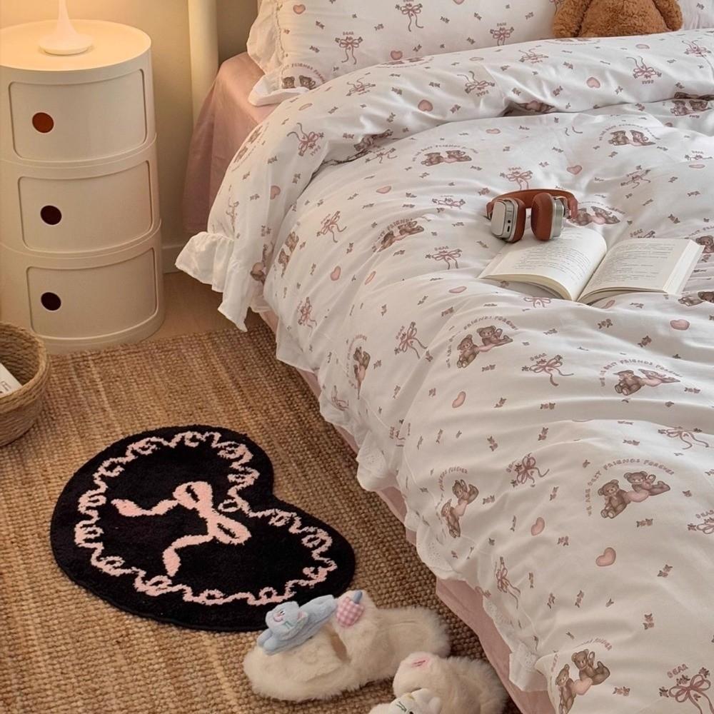 Cute Heart-shaped Flocked Floor Mat Thickened Absorbent Bow Heart Rug Anti-slip Soft Decorative Carpet