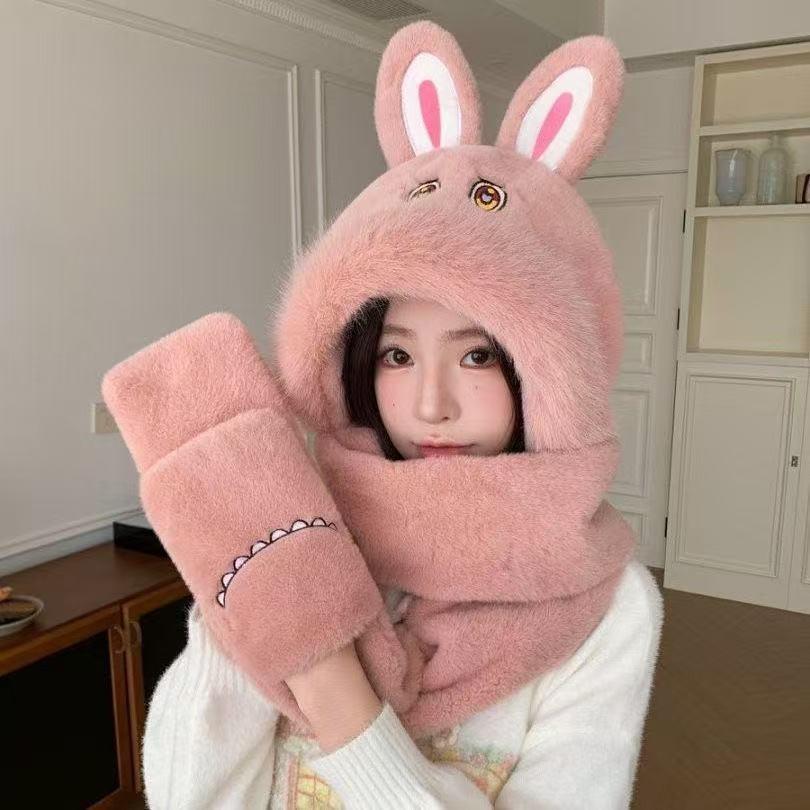 Women's Winter Plush Hat, Scarf & Gloves Set with Cute Rabbit Ear Snood