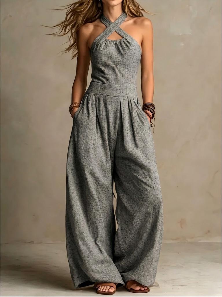 2026 summer new neck cross jumpsuit, European and American style waist back wide-leg pants, cross-border women's clothing