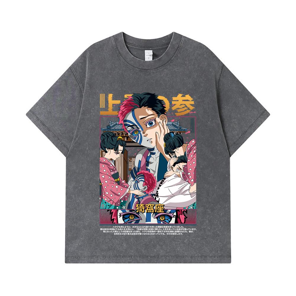 275 GSM Gewaschene T-Shirts 100% Baumwolle Demon Slayer V25 Akaza Aufdruck Unisex Schweres Baumwoll-T-Shirt
