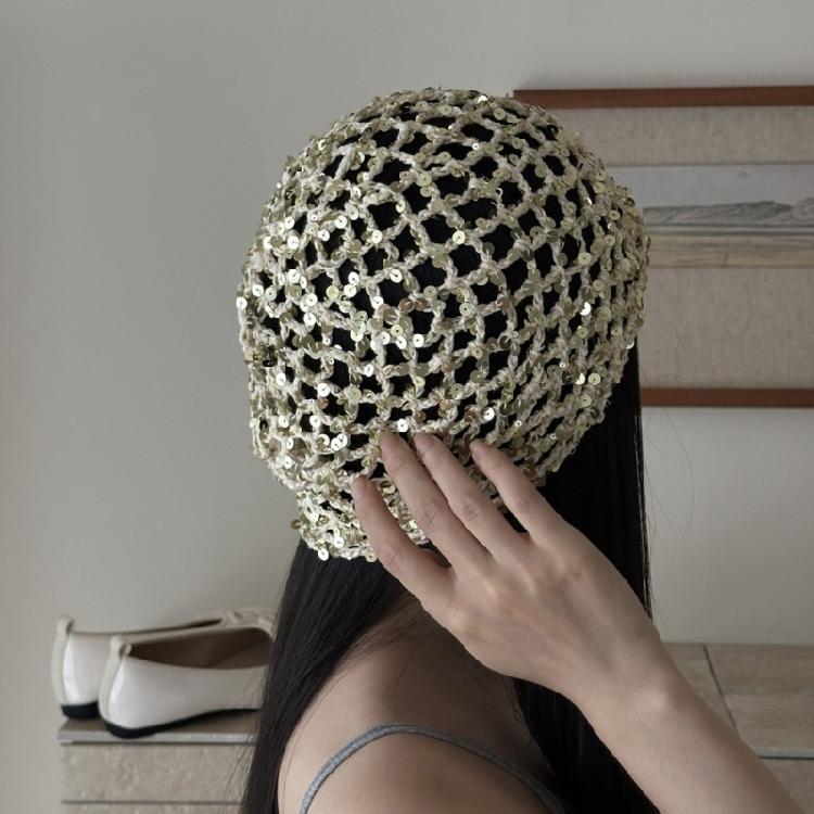 Reflective Sequined Hat Stackable Design Comfortable Pullover Hollowout Hat For Women Daily and Evening Party Photo Wear