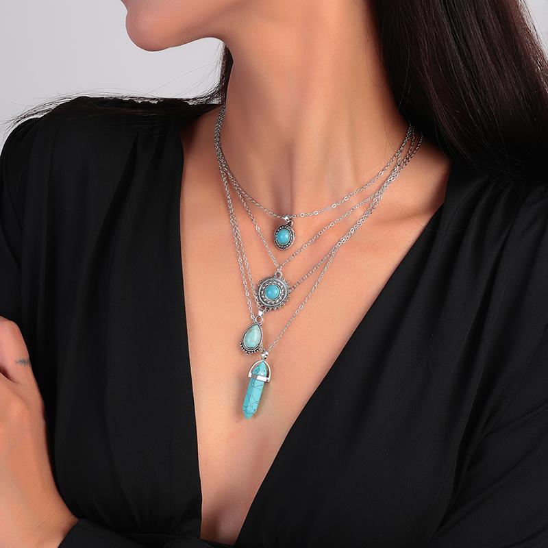 4Pcs/Set Bohemia Turquoise Stone Sun Pendant Necklace for Women Girls Party Festival Jewelry Gifts