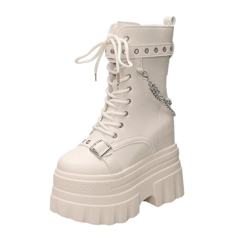 Fashion Women Punk Boots Fashion Chunky Leather Sneakers 14CM Wedge Buckle Rivet Platform Motorcycle Ankle Boots