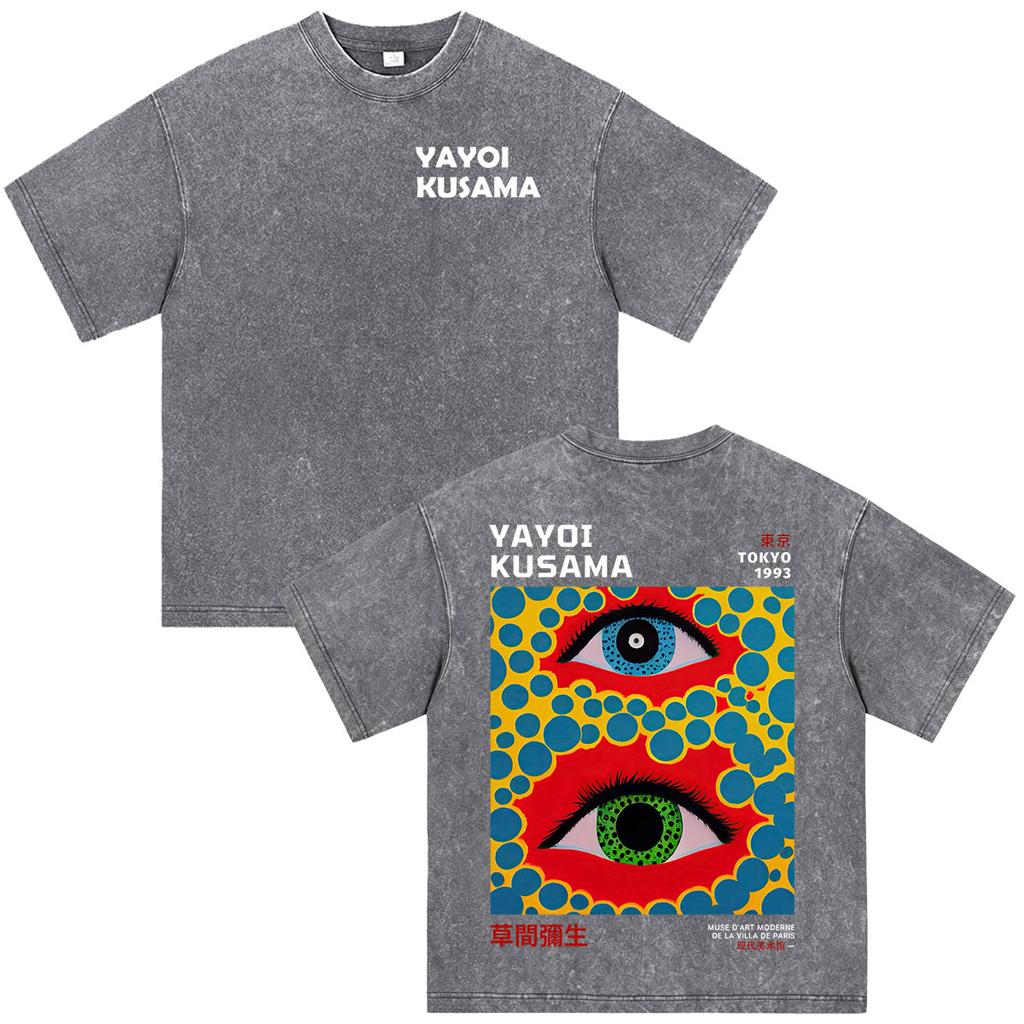 Japanese Artist Yayoi Kusama Pumpkin Eyes Art Show Vintage Washed T Shirt Unisex Unisex Clothing High Quality Short Sleeve Tshirt