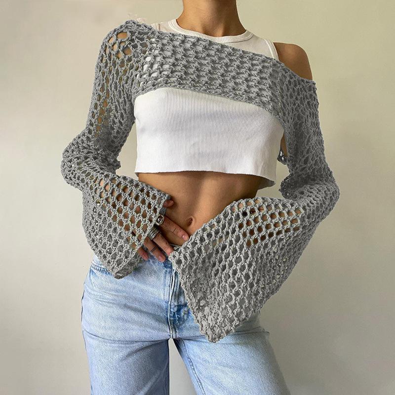 2025 Autumn Women's Ultra-Short Hand-Hooked Mesh Sweater with Trumpet Sleeves