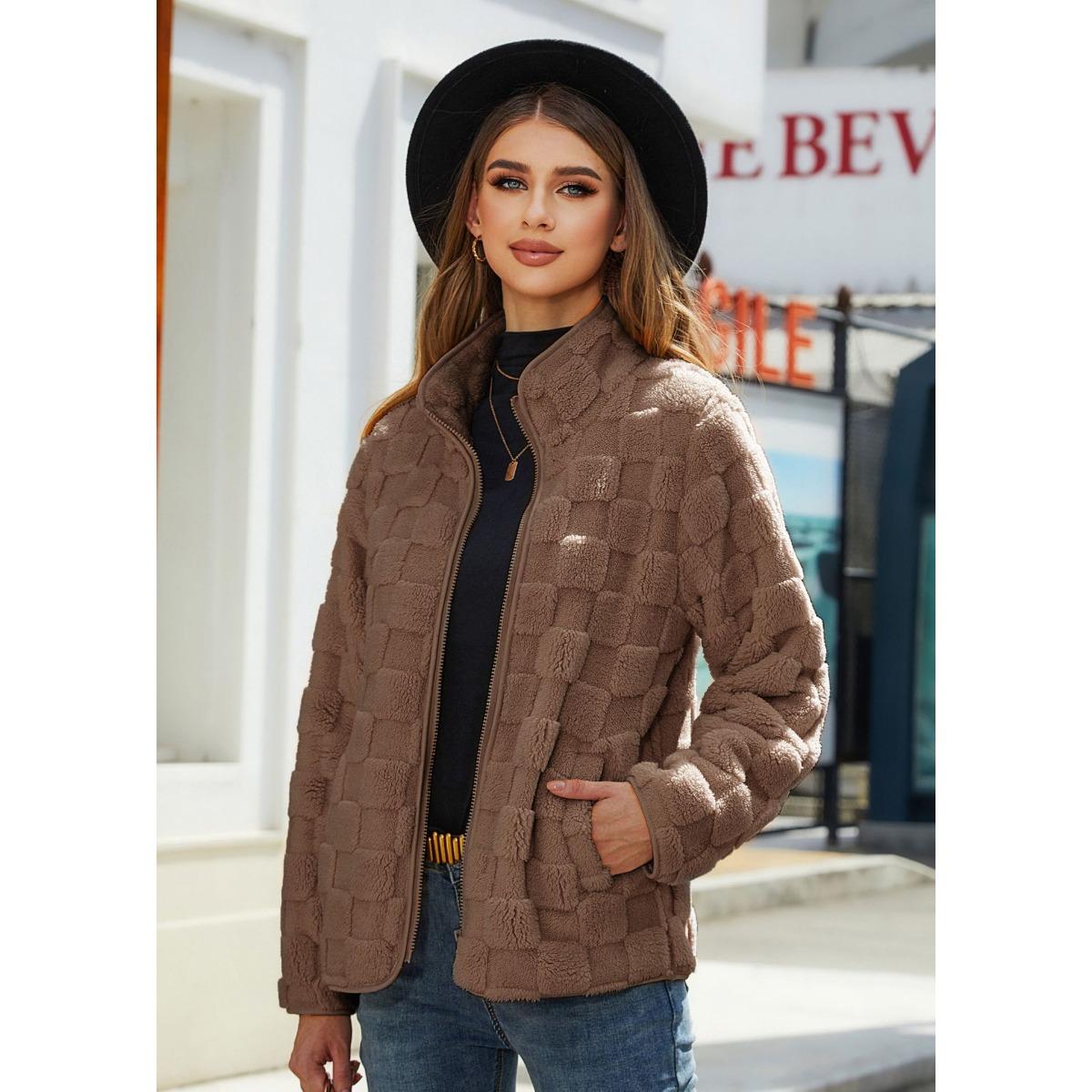 

2025 Autumn Winter New Women s Fleece Jacket Long Sleeve Zipper Open Front Loose Solid Color Plaid Fluffy Coat XXL