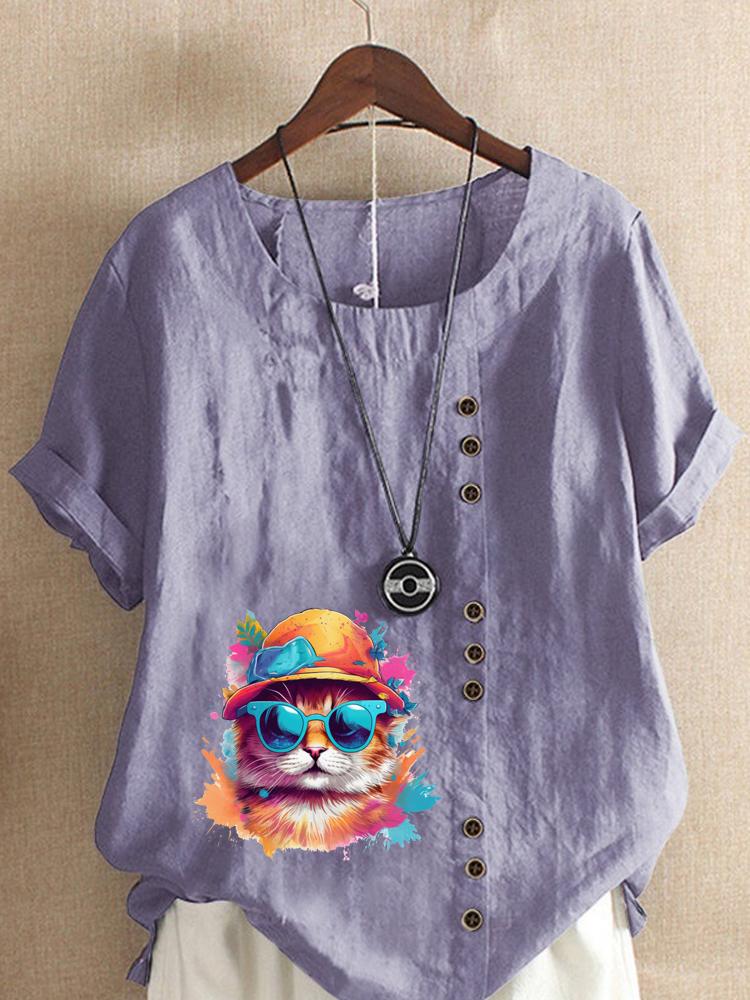 Women's Fashion Colorful Cat Print Round Neck Short Sleeve T-shirt Summer Casual Cotton Linen Graphic Shirt Leisure Loose Blouse Tops
