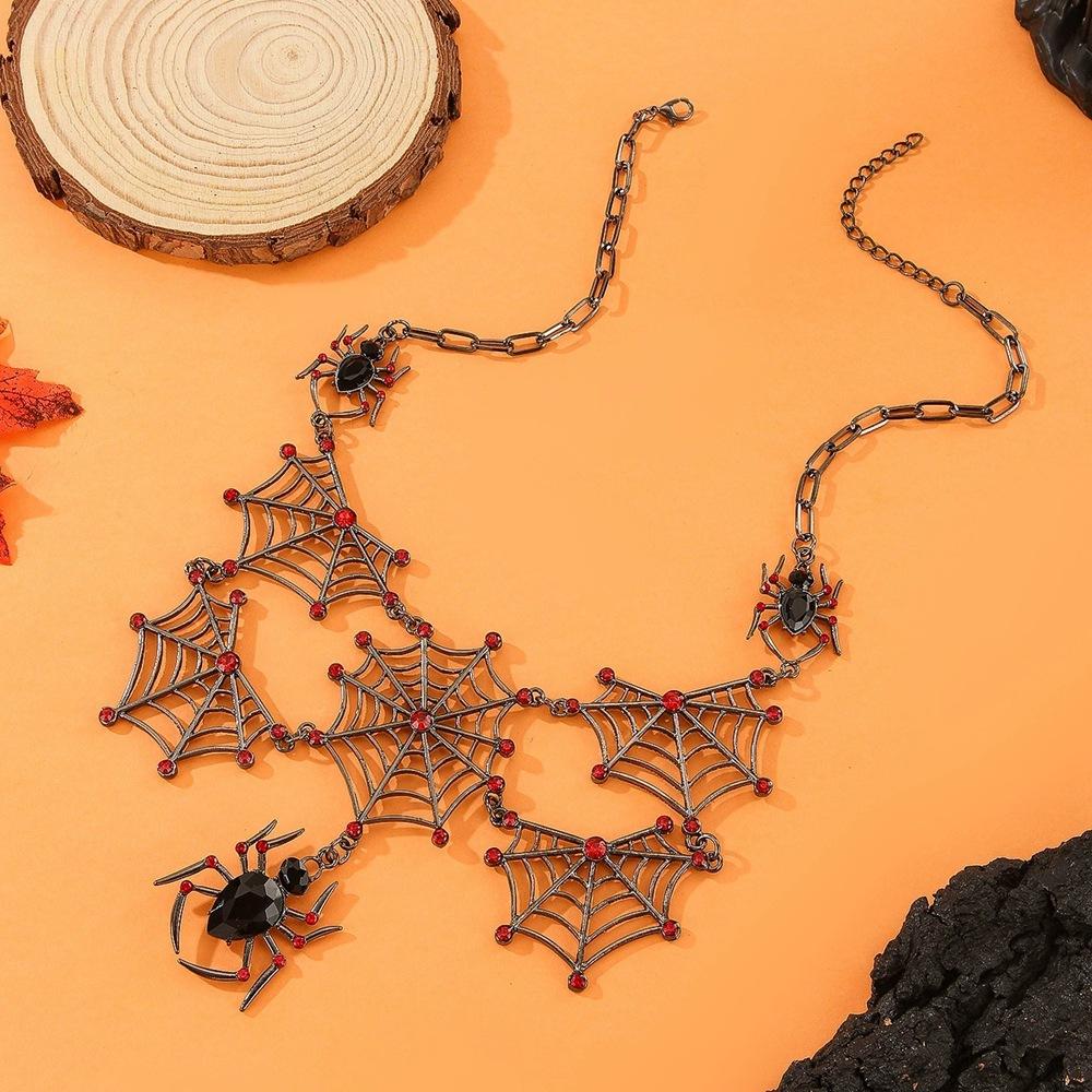 Halloween Jewelry Punk Hollow Inlaid Rhinestone Spider Web Necklace for Women Party Accessories