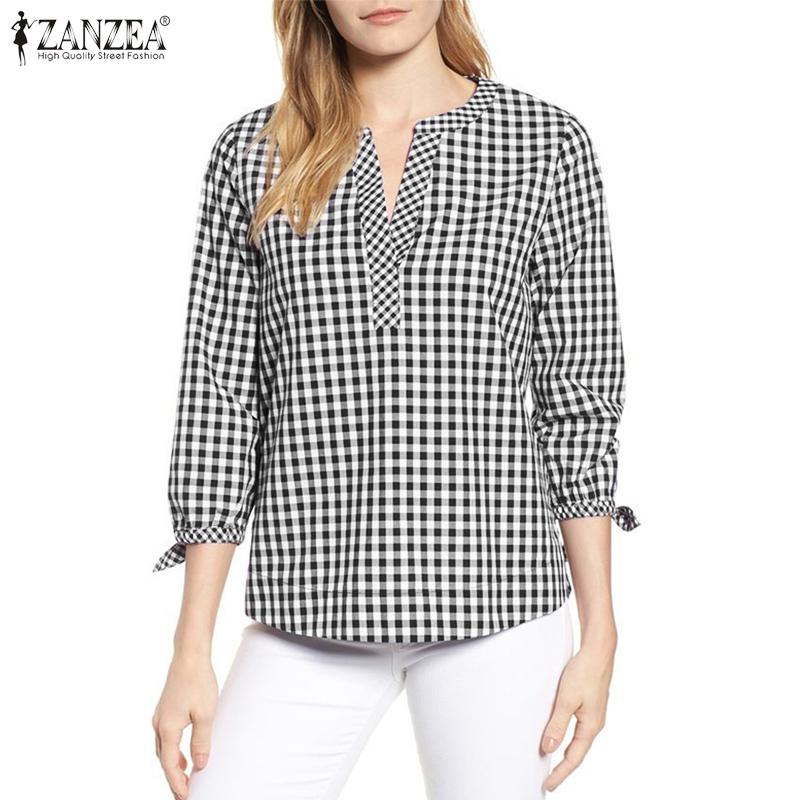 

ZANZEA Женская повседневная летняя блузка в клетку с v-образным вырезом и рукавами 3/4