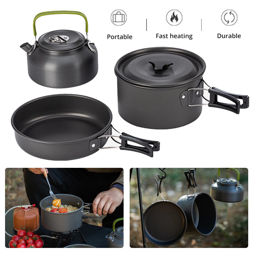 3PCS Outdoor Camping Pot Set Pot Pan Kettle Set Field Tableware Kit with Mesh Bag for Camping Backpacking Outdoor Cooking Picnic