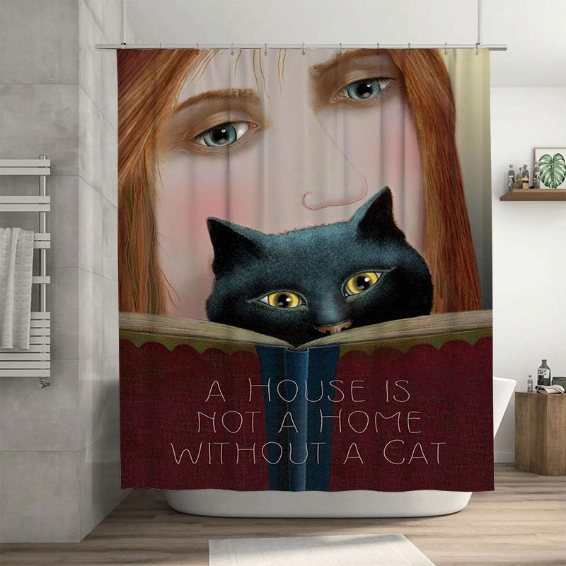 

Cat-Themed Shower Curtain Featuring A Mysterious Girl S Face With Captivating Eyes And A Curious Black Cat Perfect For Adding A W60H190(CM)-1 Pcs
