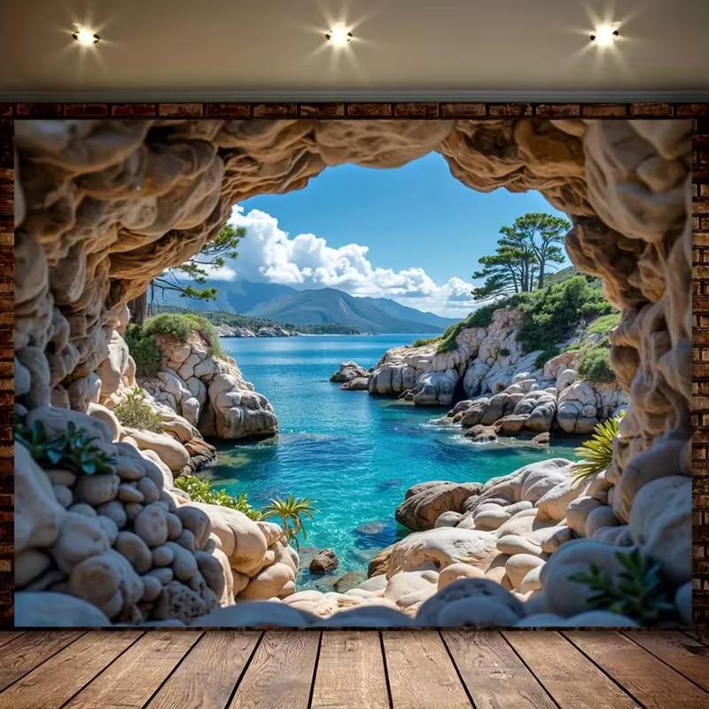 2D Sea Cave Tapestry Turquoise Water Landscape Backdrop for Living Room