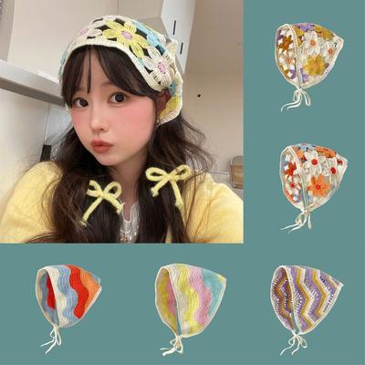 Sweet French Pastoral Style Triangle Headband Knitted Little Flower Headscarf Hat Handmade Crochet Headband Towel Girls