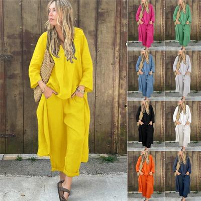 Summer New Style Ladies 2-piece Large Size Cotton And Linen Shirt Suit, High Waist Loose Trousers Solid Color Casual Long-sleeved Suit