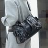 Stylish Patent Leather Tote Bag Multi-pocket Work Shoulder Bag Silver Hardware Buckle Crossbody Bag Student Large Capacity Bag
