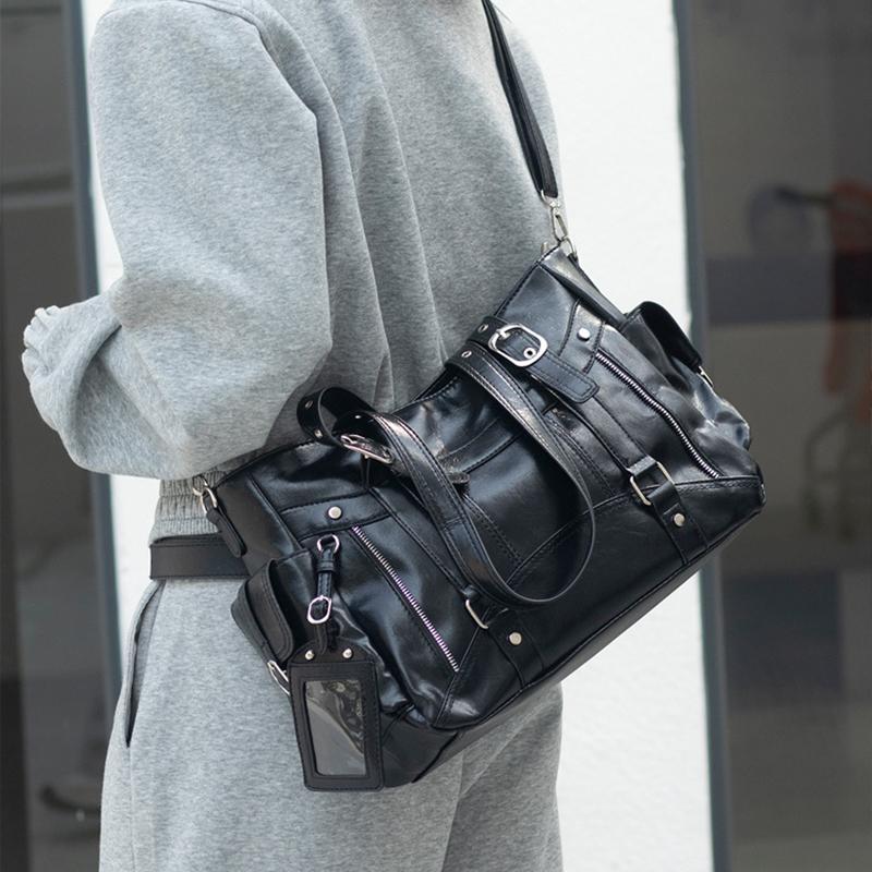 Stylish Patent Leather Tote Bag Multi-pocket Work Shoulder Bag Silver Hardware Buckle Crossbody Bag Student Large Capacity Bag