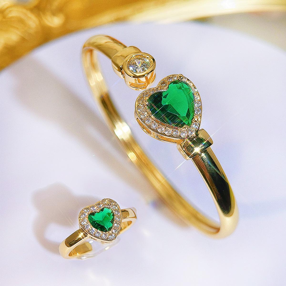 

CMM двухсекционный ретро цветной браслет в форме сердца с цирконием, регулируемый браслет, набор колец, золотистый женский этнический стиль, универсальные ювелирные изделия, аксессуары для рук изумрудный