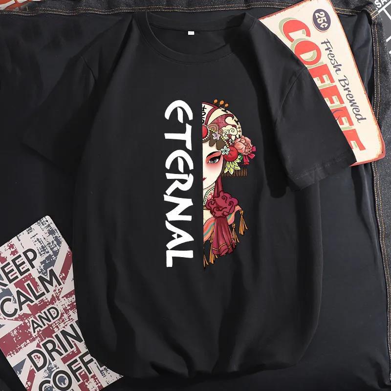 

Летняя хлопковая футболка с принтом Пекинской оперы в стиле ретро, мужская тонкая рубашка с коротким рукавом и круглым вырезом, модный повседневный свободный пуловер M чёрный