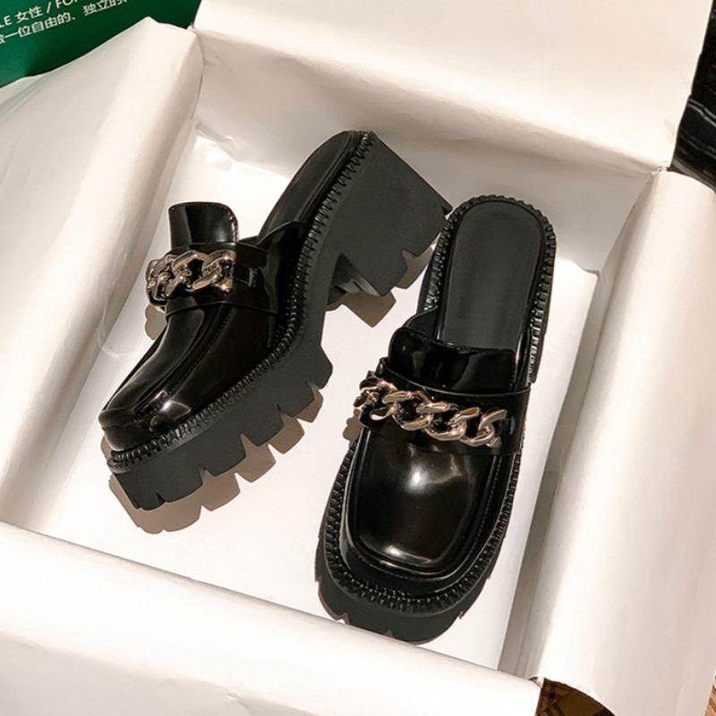 Autumn New Baotou Slippers Women's Round Head Deep Mouth Metal Chain Soft Sole Anti-slip Wear-resistant High Heels