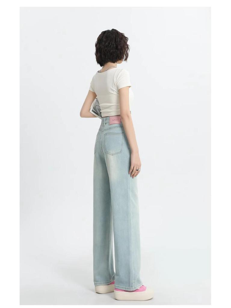 Women's High-Waisted Wide-Leg Light Blue Jeans - Retro Korean Style for Summer 2024