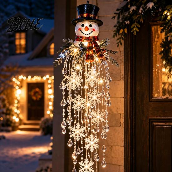 Santa Claus Snowman Decor Crystal Waterfall Christmas Lights, LED Warm White Pendant Festive Yard Decoration Light with Snowflake Droplets,