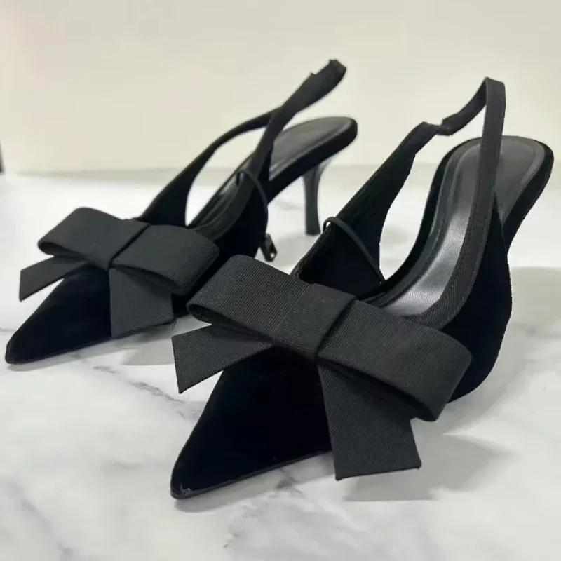 Fashion Black Velvet Butterfly-knot Designer Heeled Sandals Women Sexy Pointed Toe Slingbacks Women Pumps Elegant Party Dress High Heels