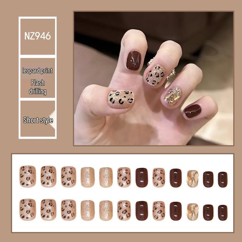 

Шампань Блеск Леопардовый Принт Накладные Ногти - Мерцающие Короткие Накладные Ногти