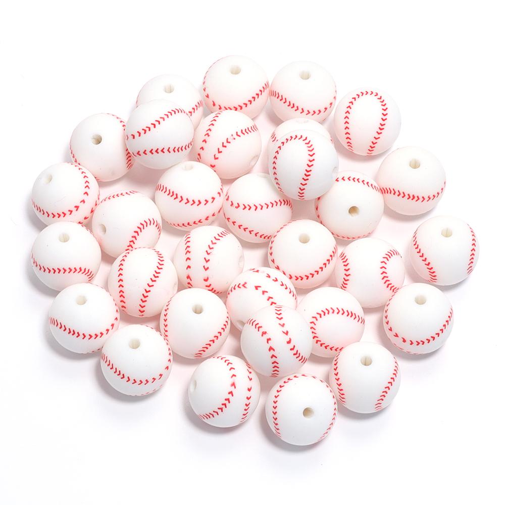 5Pcs 15mm Printed Silicone Beads Colorful Soccer Baseball Basketball Sport Silicone Round Beads DIY Keychain Jewelry Accessories