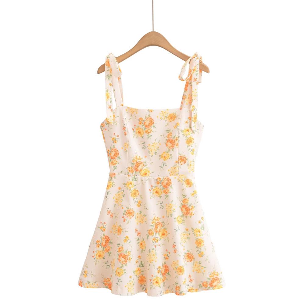2025 Spring/Summer Women's Floral Bow-Tied Spaghetti Strap Dress