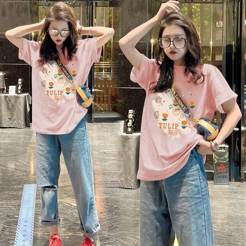 Apricot Pure Cotton Loose Front Shoulder Short-sleeved T-shirt Women's 2025 Summer New Large Version Medium and Long Hip-covering Top