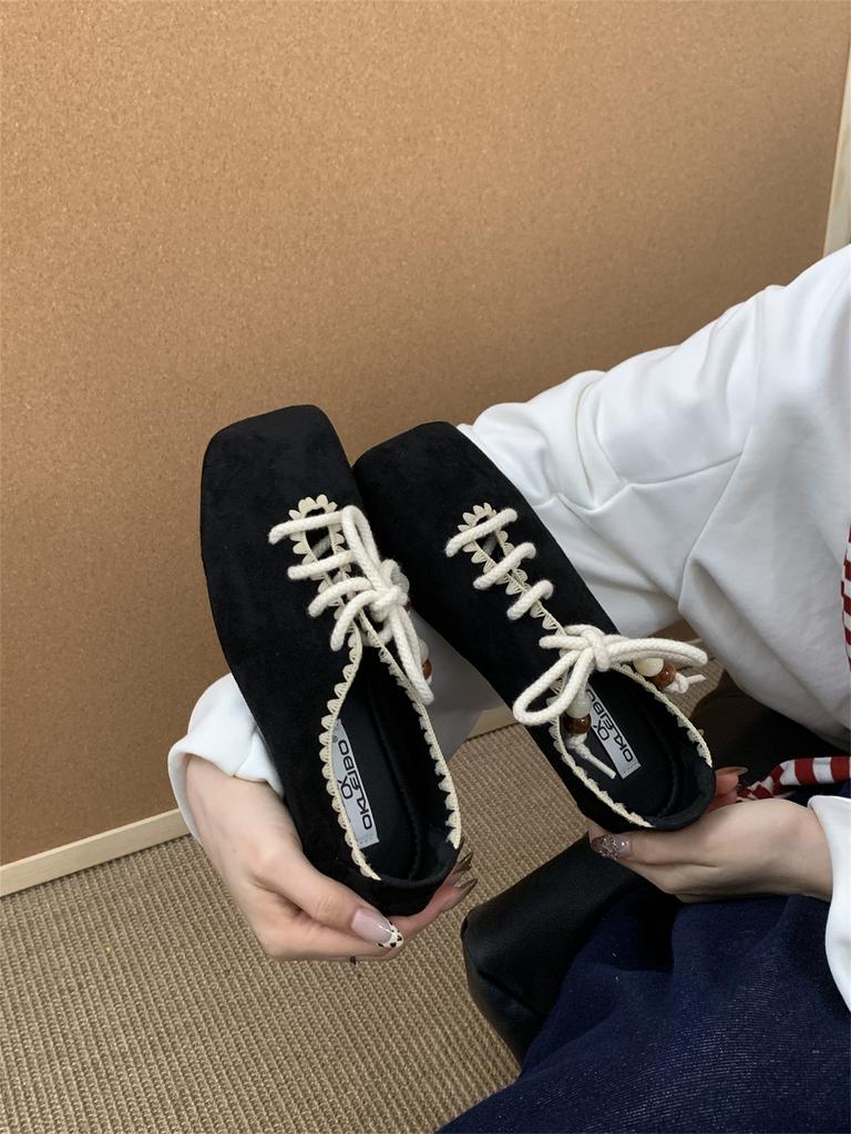 Korean version of retro square head flat-soled single shoes women's shoes 2025 autumn new versatile lace-up Mary Jane casual shoes