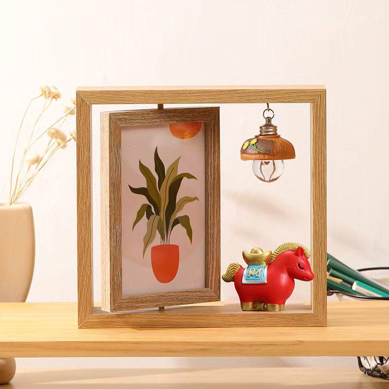 6-Inch Modern Double-Sided Rotating Wooden Photo Frame & Album with Wood Carving Ornament