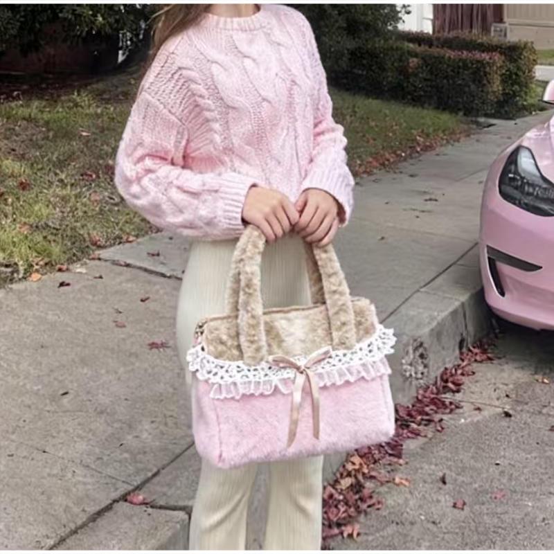 Cute Pink & Brown Plush Tote Bag Lace Bow Decor Soft Shoulder Bag Sweet Lolita Style Large-capacity Handbag Furry Crossbody Bag