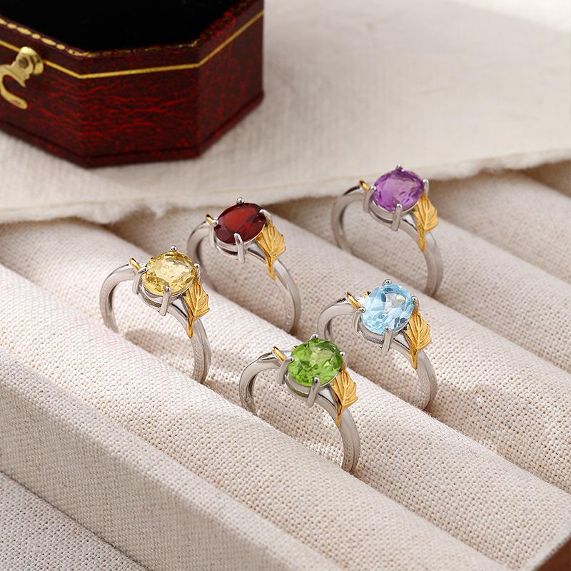 Natural peridot s925 sterling silver ring adjustable crystal stone topaz gold leaf ring light luxury fashion gift