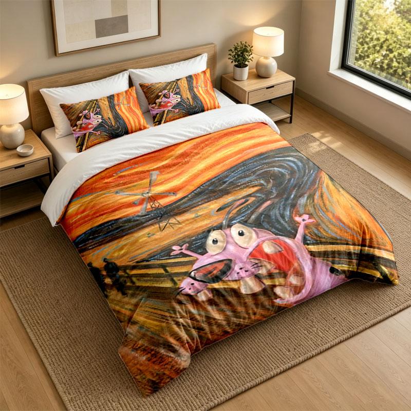 3Pcs Bedding SetCourage the Cowardly Dog Soft Bed Sheet and Two Pillowcases Home Bedroom Decor