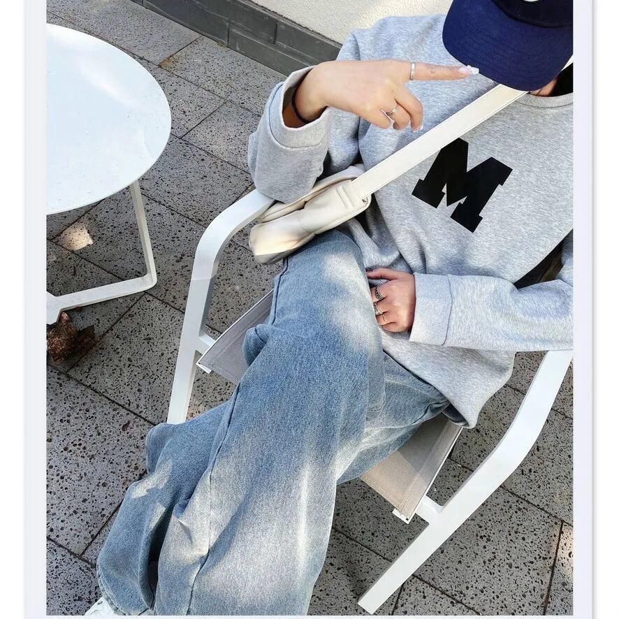 Women's Mid Rise Fleece Lined Wide Leg Jeans Loose Fit Sweet Casual Denim Trousers