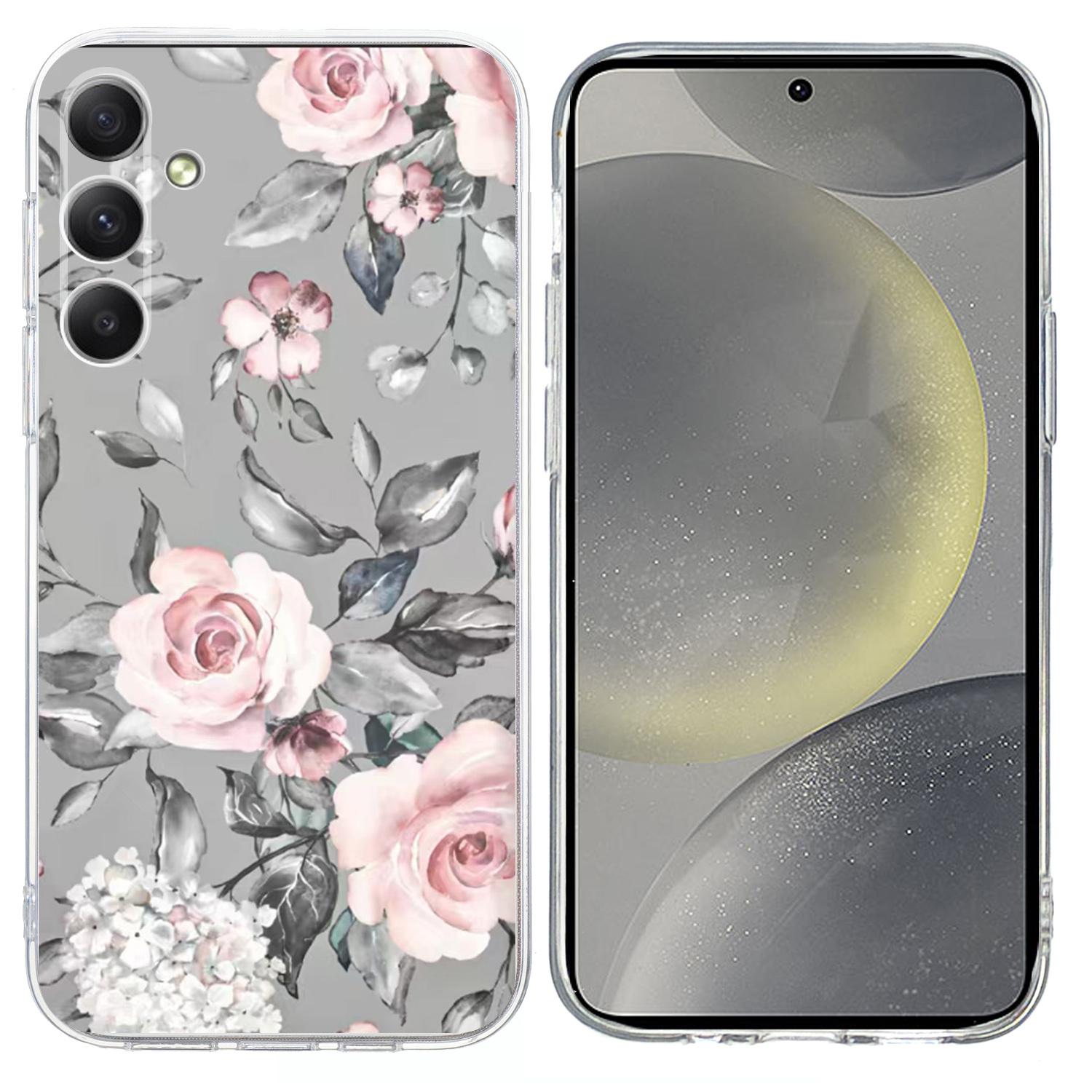

For Samsung Galaxy S24 Case Pattern Printing Shockproof Soft TPU Phone Cover Grey Background Flowers