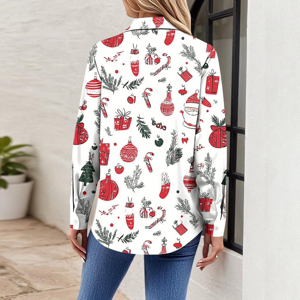 Women's Shirt Blouse Christmas Print Button Long Sleeve Casual Basic Shirt Collar Regular Top