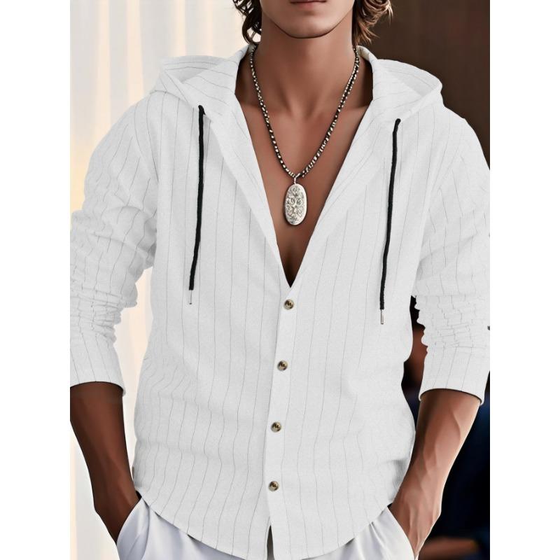 Men Striped Long Sleeve Hooded Casual Cotton Linen Button Shirt S