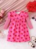 Girls' Valentine's Heart Print Puff Sleeve Dress