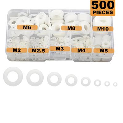 Juego de 500 Arandelas de Plástico de Nailon Blanco, Adecuado para Antidesgaste y Aislamiento Dieléctrico, M2 - M10, con Conveniente Embalaje en Caja