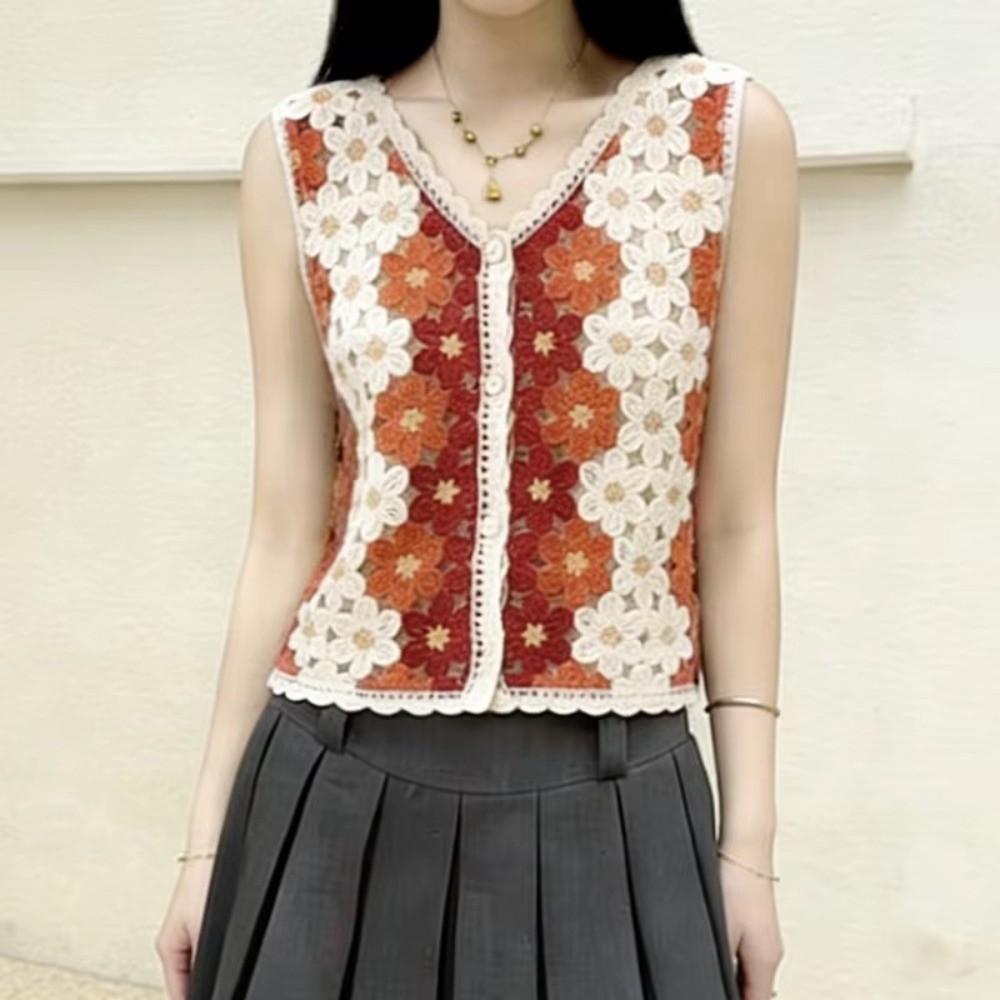 Button-up Sleeveless Jacket Colorful Floral Waistcoat Top 2026 Openwork Vest  Short Cardigan