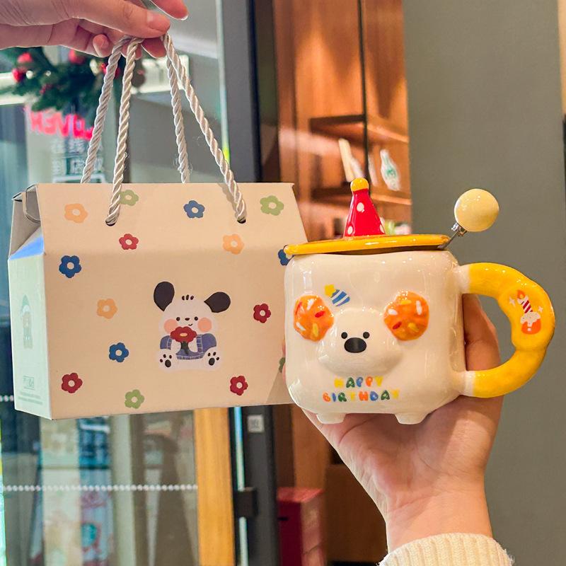 Birthday gift for girls Cute puppy cup Couple ceramic mug with lid Girlfriend souvenir gift box