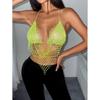 Women Shines Rhinestones Tank Top Halter Body Chain Fishnet Mesh Bra Crop Top Shirt for Night Club Party Raves Outfits
