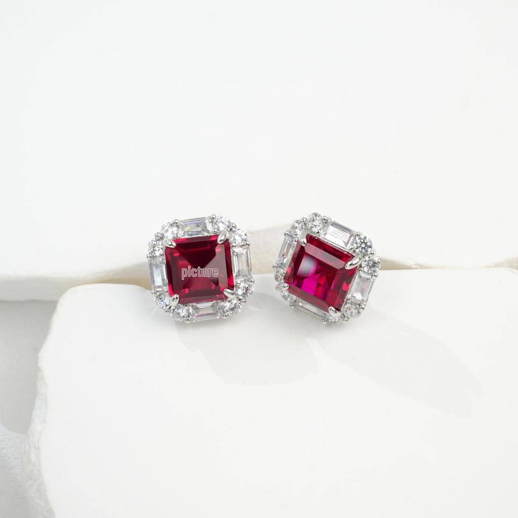 S925 Sterling Silver Women's Ruby Stud Earrings with Diamond Halo – Elegant Light Luxury Gift for Anniversaries and Work.
