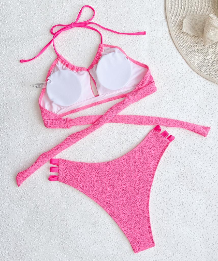 Women's Swimsuit Solid Color Halter Neck Back Ties Sexy Cutout High Waist Bikini Beachwear Bathing Suits